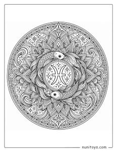 Pisces mandala coloring page featuring dual fish symbols within intricate radial geometry