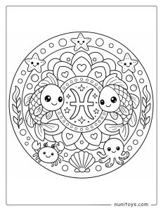 Pisces mandala coloring page featuring smiling sea creatures and easy mandala layout