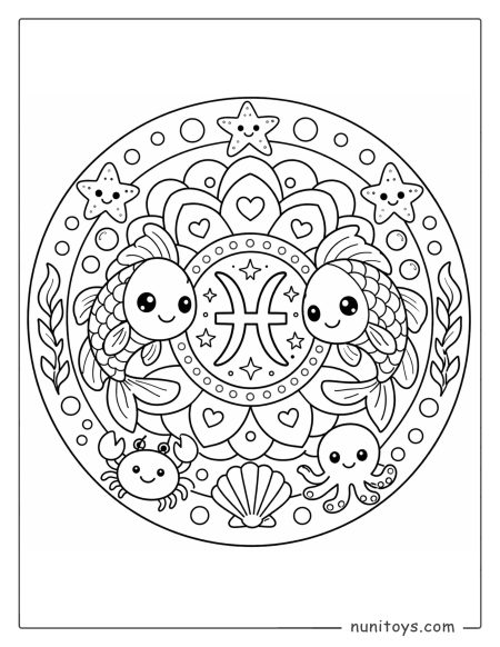 Pisces mandala coloring page featuring smiling sea creatures and easy mandala layout