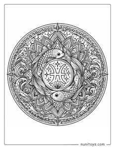 Pisces mandala coloring page with abstract water patterns and structured mandala layers