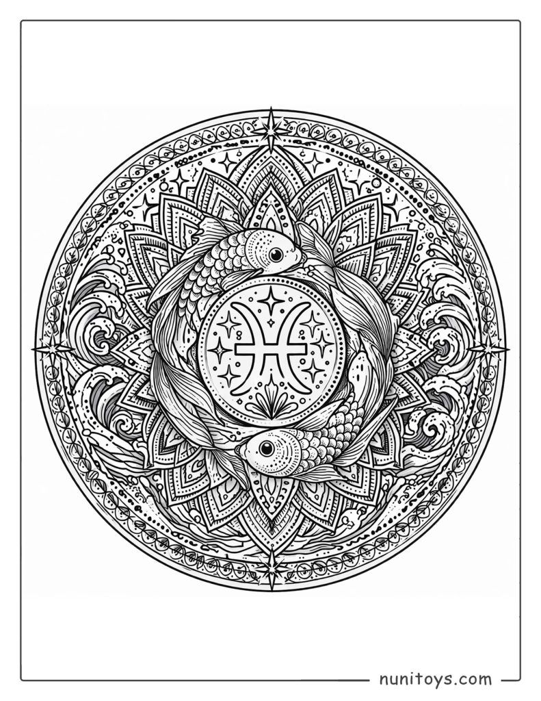 Pisces mandala coloring page with abstract water patterns and structured mandala layers