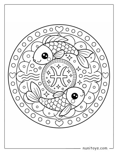 Pisces mandala coloring page with cute fish and simple circular patterns for kids
