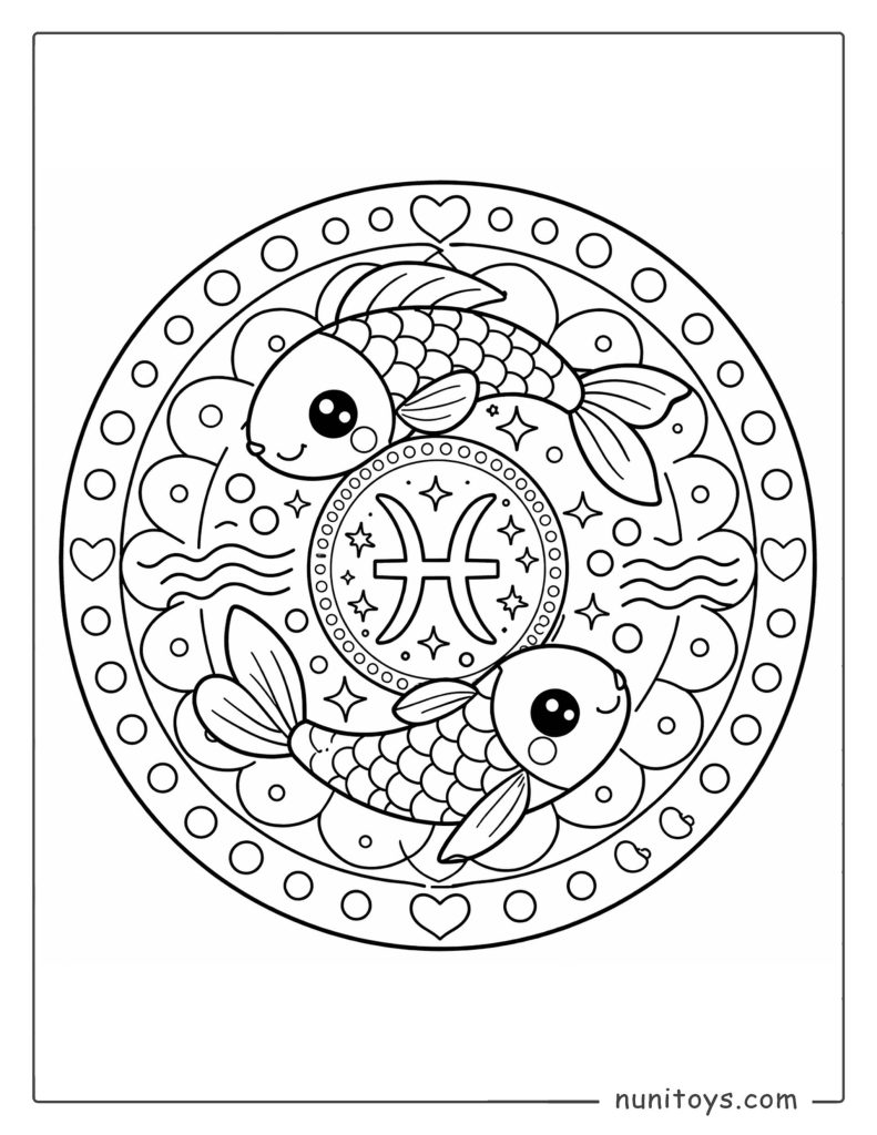 Pisces mandala coloring page with cute fish and simple circular patterns for kids