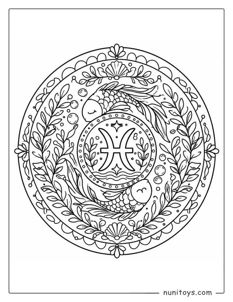 Pisces mandala coloring page with delicate leaves and aquatic inspired central design