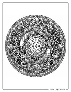 Pisces mandala coloring page with dense textures and deep circular composition design
