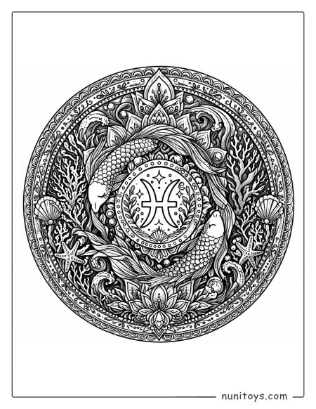 Pisces mandala coloring page with dense textures and deep circular composition design