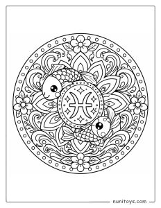 Pisces mandala coloring page with floral petals and flowing ocean wave patterns