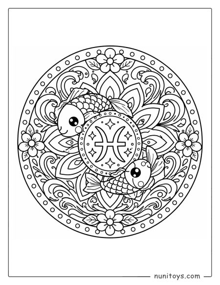Pisces mandala coloring page with floral petals and flowing ocean wave patterns