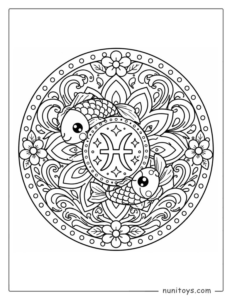 Pisces mandala coloring page with floral petals and flowing ocean wave patterns