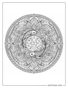 Pisces mandala coloring page with flowing geometric waves and balanced circular symmetry
