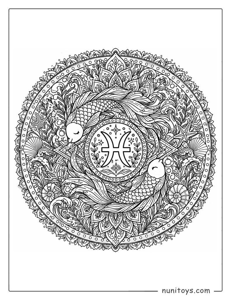 Pisces mandala coloring page with intricate layers and highly detailed ocean patterns