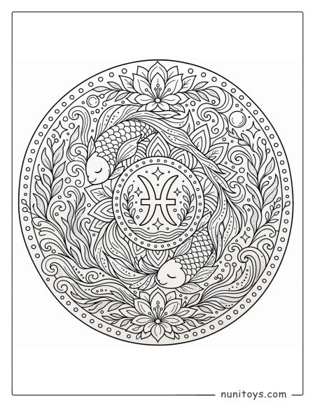 Pisces mandala coloring page with organic textures and soft flowing decorative patterns
