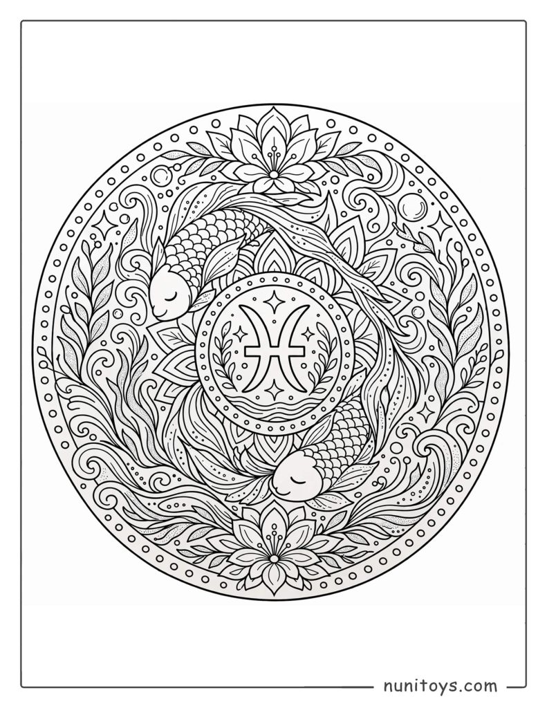 Pisces mandala coloring page with organic textures and soft flowing decorative patterns