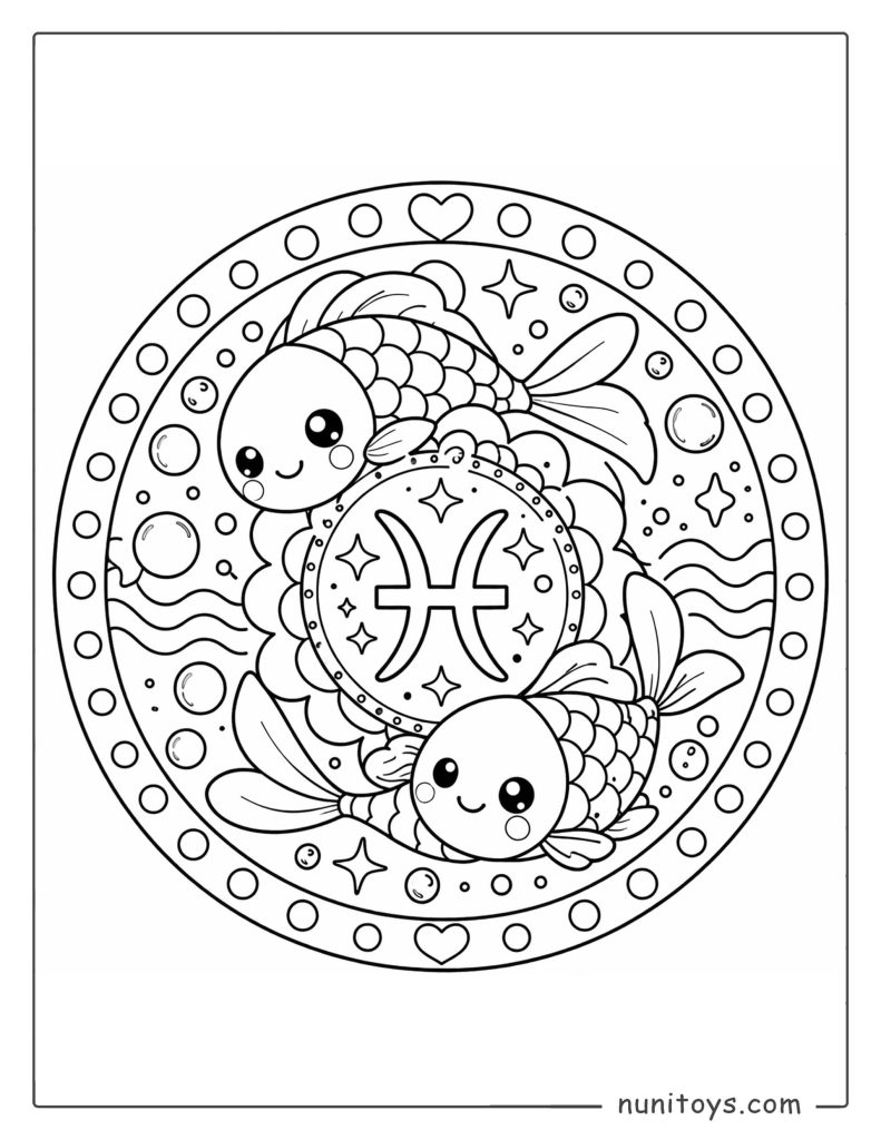 Pisces mandala coloring page with playful bubbles and soft rounded shapes design