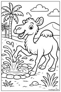 Camel Coloring Page Splashing Water in Desert Oasis