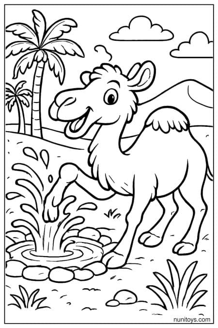 Camel Coloring Page Splashing Water in Desert Oasis