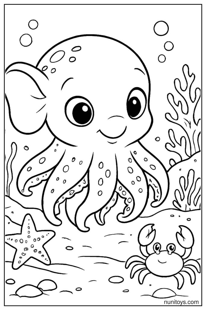 דף צביעה של תמנון דמבו ליד כוכב ים וסרטן קטן