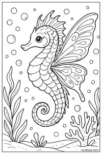 Printable Seahorse with Large Decorative Wings Underwater