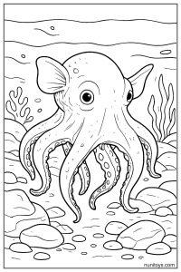 Detailed Dumbo Octopus Coloring Page on Rocky Seabed