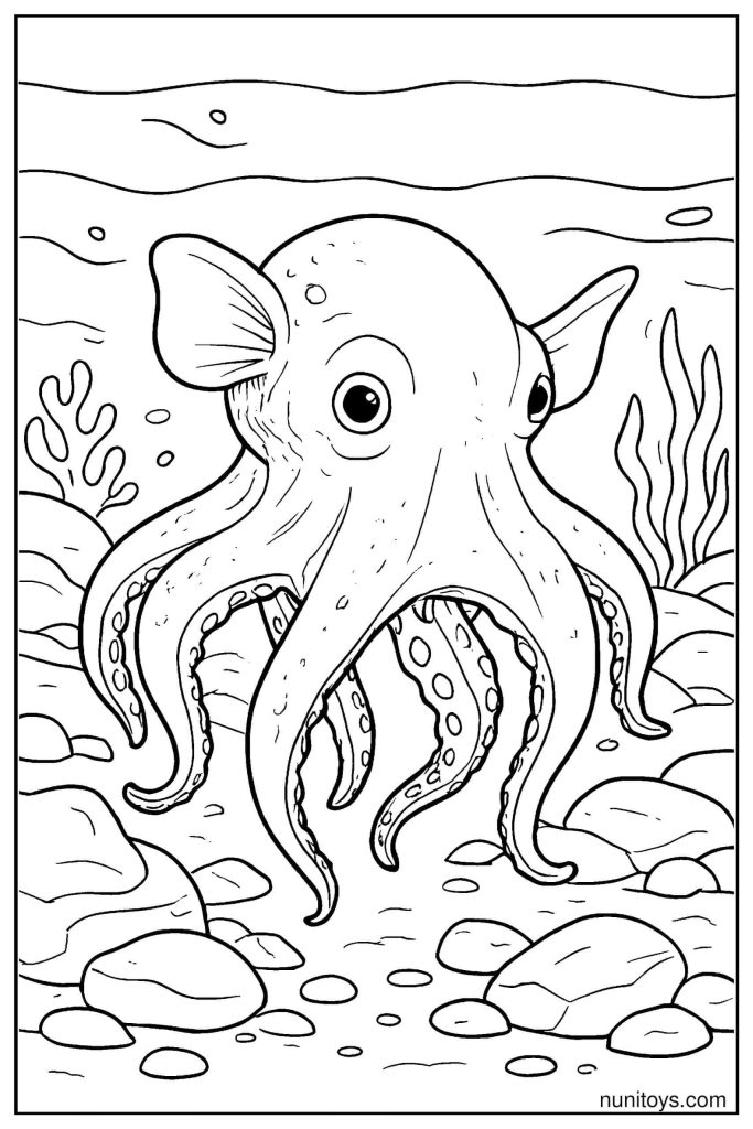 Detailed Dumbo Octopus Coloring Page on Rocky Seabed