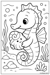 Seahorse Coloring Page Holding Shell Underwater