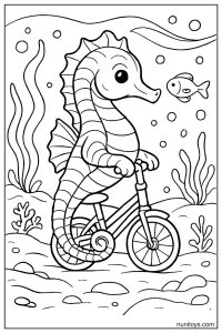 Seahorse Coloring Page Riding Bicycle Underwater