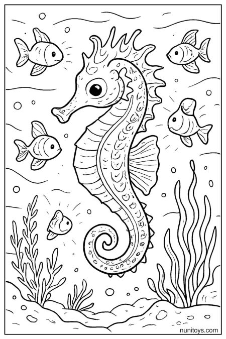 Seahorse Coloring Page Surrounded by Swimming Fish