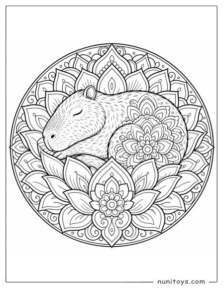 Sleeping Capybara Mandala Coloring Illustration with Lotus Flowers