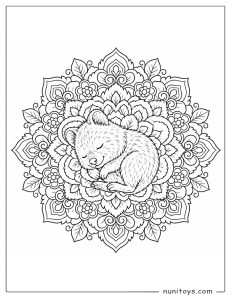 Sleeping Quokka Mandala Coloring Illustration with Flowers