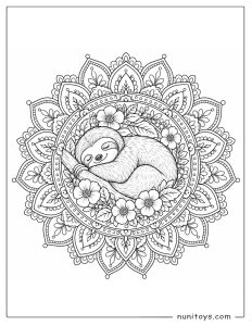 Sleeping Sloth Coloring Illustration in Flower Mandala