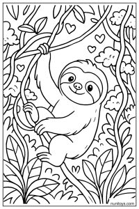דף צביעה של עצלן תלוי על ענפים מוקף לבבות בג׳ונגל