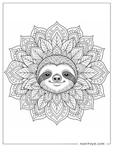 Sloth Face Mandala Coloring Sheet with Leaf Petals