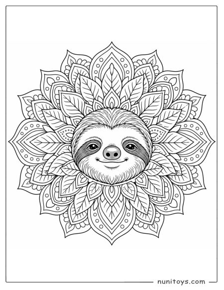 Sloth Face Mandala Coloring Sheet with Leaf Petals
