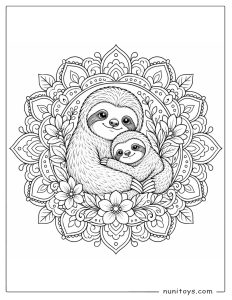 Sloth Family Mandala Coloring Page with Flowers