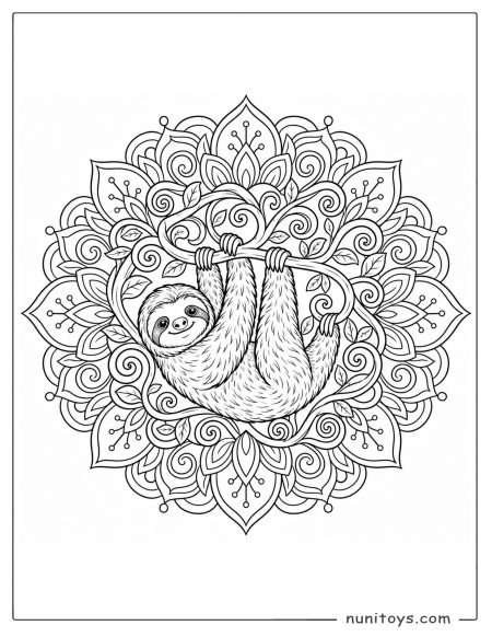 Sloth Hanging from Vine Mandala Coloring Page