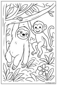 דף צביעה של עצלן וקוף תלויים על ענף ביער