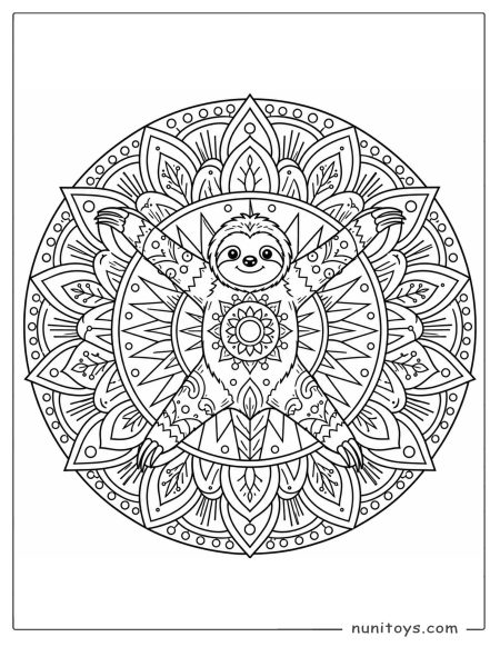 Sloth Mandala Coloring Page with Star Pattern