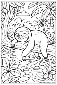 דף צביעה של עצלן ישן על ענף מעל נחל בג׳ונגל