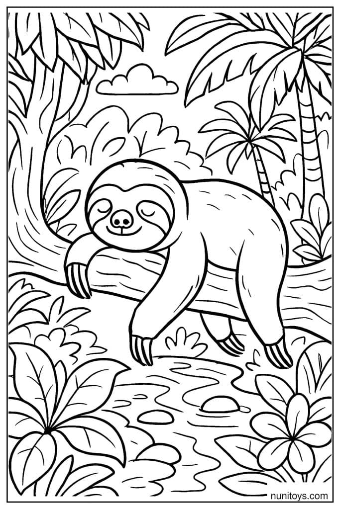 דף צביעה של עצלן ישן על ענף מעל נחל בג׳ונגל