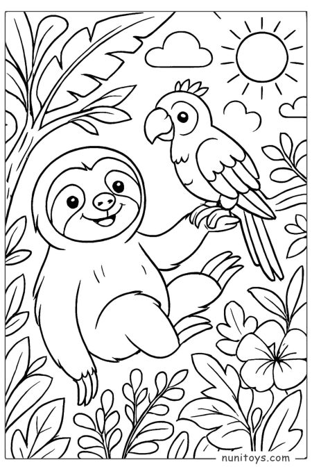 Sloth reaches toward bird perched on branch in jungle