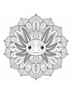 Smiling Axolotl Face Surrounded by Floral Mandala Coloring Page