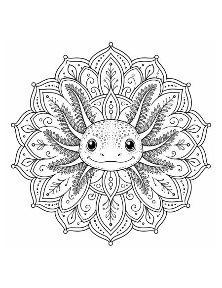 Smiling Axolotl Face Surrounded by Floral Mandala Coloring Page