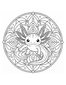 Smiling Axolotl with Water Pattern Mandala Coloring Page