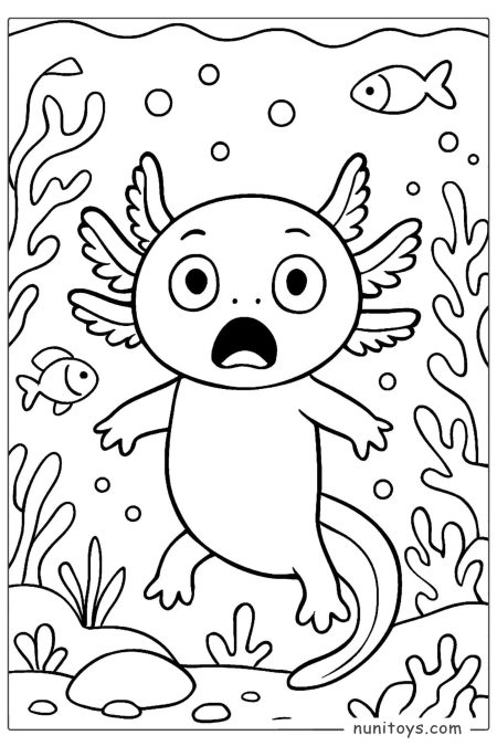 Surprised Axolotl Floating Between Sea Plants