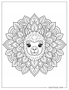 Sweet Alpaca Portrait Framed by Leaf Mandala Coloring Page