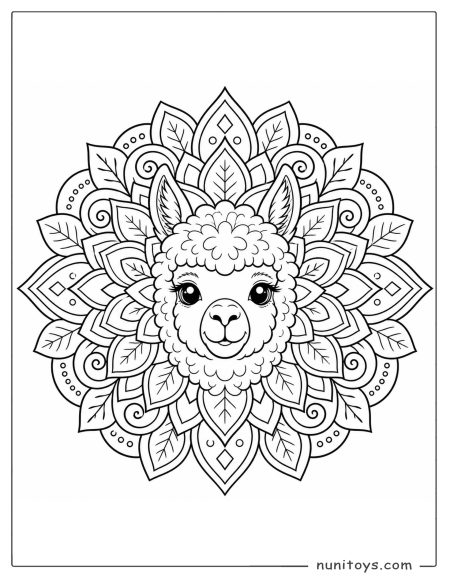 Sweet Alpaca Portrait Framed by Leaf Mandala Coloring Page