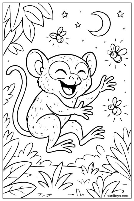 Tarsier Dancing Under Moon and Stars Coloring Sheet