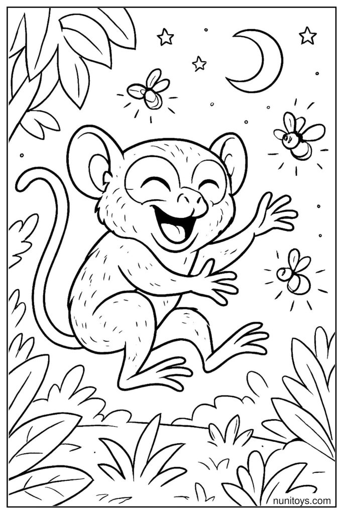 Tarsier Dancing Under Moon and Stars Coloring Sheet