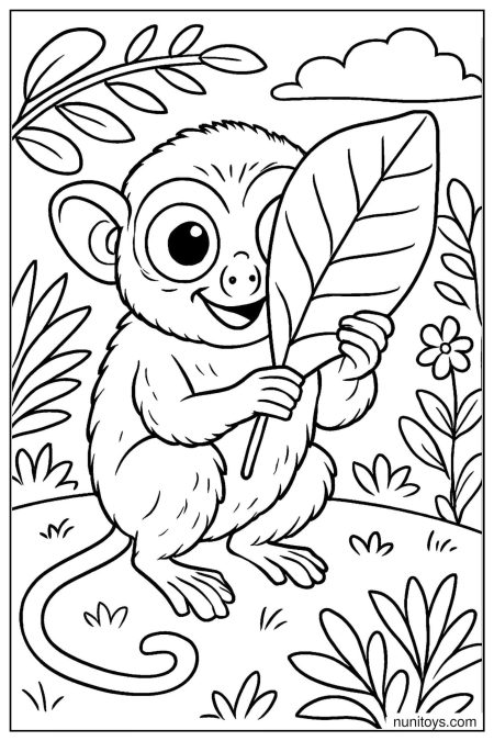 Tarsier Holding Leaf Coloring Sheet in Jungle Setting