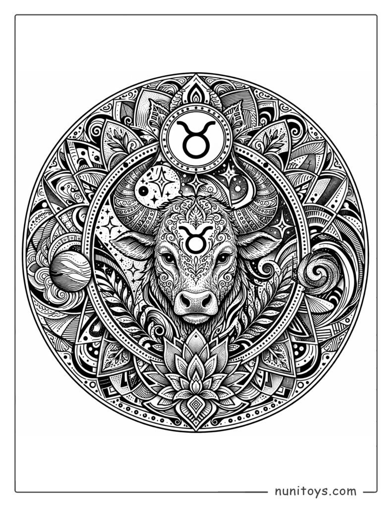 Taurus mandala coloring page combining abstract forms and advanced ornamental design